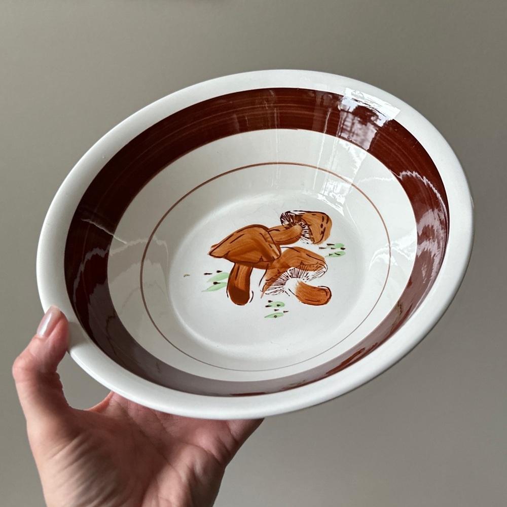 Vintage Hand Painted Mushroom Bowl 9” Cottage Core Mushroom Ceramic Mixing Bowl